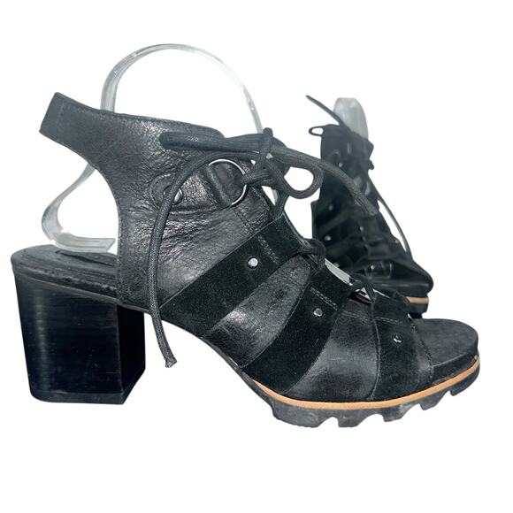 Sorel Addington Black Leather Lace-Up Block Heel Sandals Size 10 - Picture 1 of 8